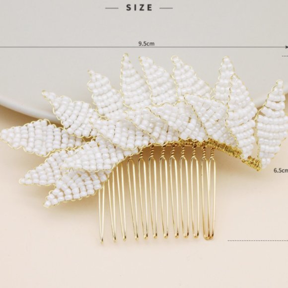 Handmade white and gold rice bead hair comb - Picture 2 of 3